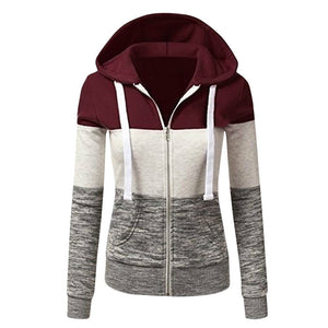 Vestes à capuche Patchwork femmes à capuche fermeture éclair en Polyester poche manteau décontracté cordon sweat-shirts femme vêtements d'extérieur