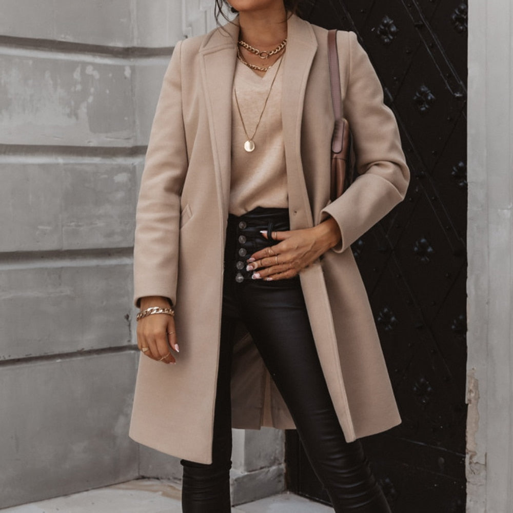 Autumn and Winter Three-Quarter Sleeve Vintage long coat women 2020 Elegant V-Neck Button Lapel Pocket Woolen Coat Women's