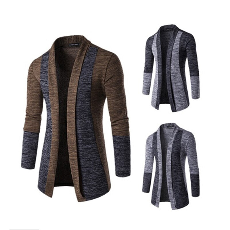 Retro Men Patchwork Long Sleeve Slim-Fit Knitted Sweater Cardigan Coat Outwear Jacket Loose Casual Windbreaker Coat Windbreaker