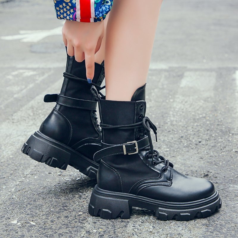 Women Combat Boots 2020 Autumn Female Platform Gothic Shoes Black Leather Boots Women Fashion Mid Calf Boots