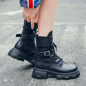 Women Combat Boots 2020 Autumn Female Platform Gothic Shoes Black Leather Boots Women Fashion Mid Calf Boots