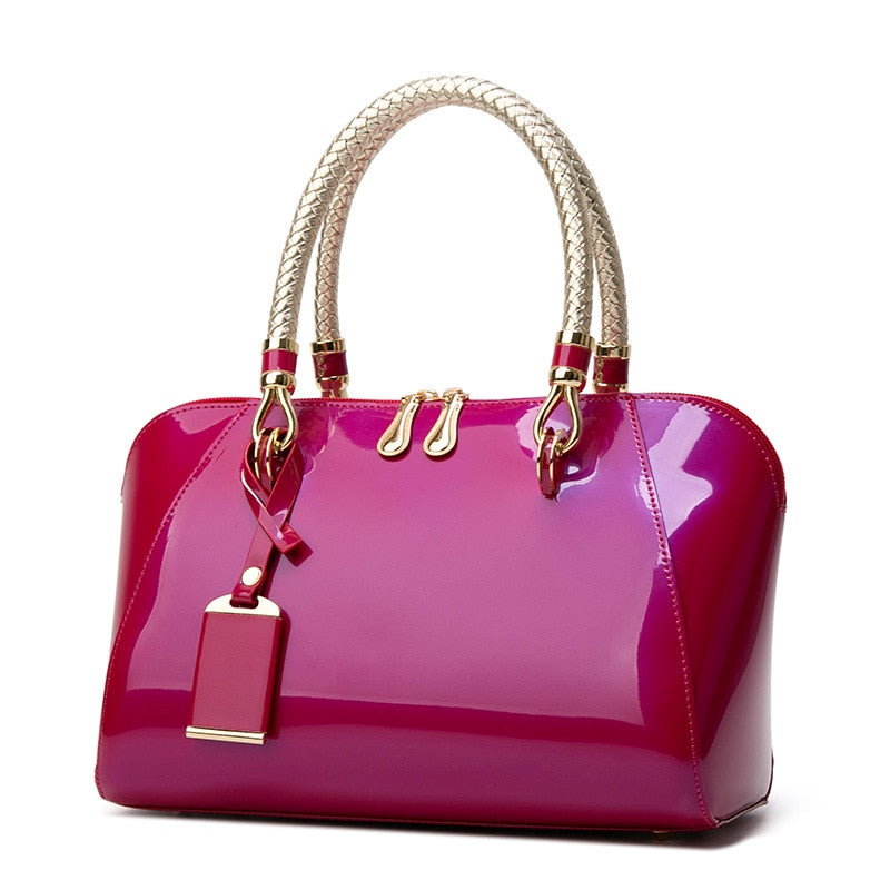 Women's Patent Leather Boston Bag Solid Color Large Capacity Handbag Casual Shoulder Diagonal Bag