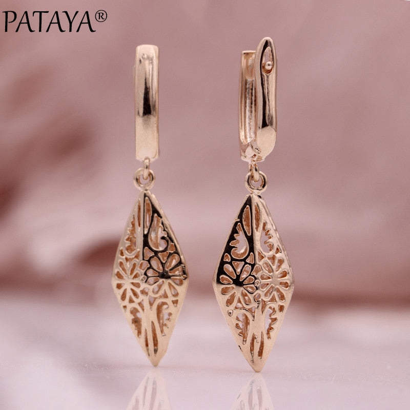 PATAYA New 585 Rose Gold Long Dangle Earrings Women Hollow Earrings Pattern Conical Simple Wedding Party Fine Fashion Jewelry