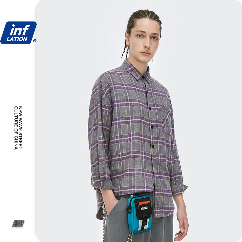 INFLATION Harajuku Plaid Shirt Men рубашка 2020 Autumn Loose Casual Long Sleeve Shirt Men Cotton Hip Hop Checked Shirt Male2080W