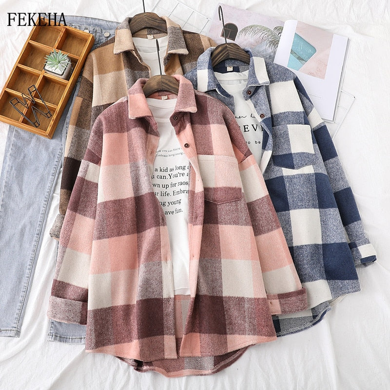 Woolen Plaid Shirts Womens Blouses Winter Thick Long Sleeve Lady Tops Loose Checked Female Clothing Outwear Coat Plus Size