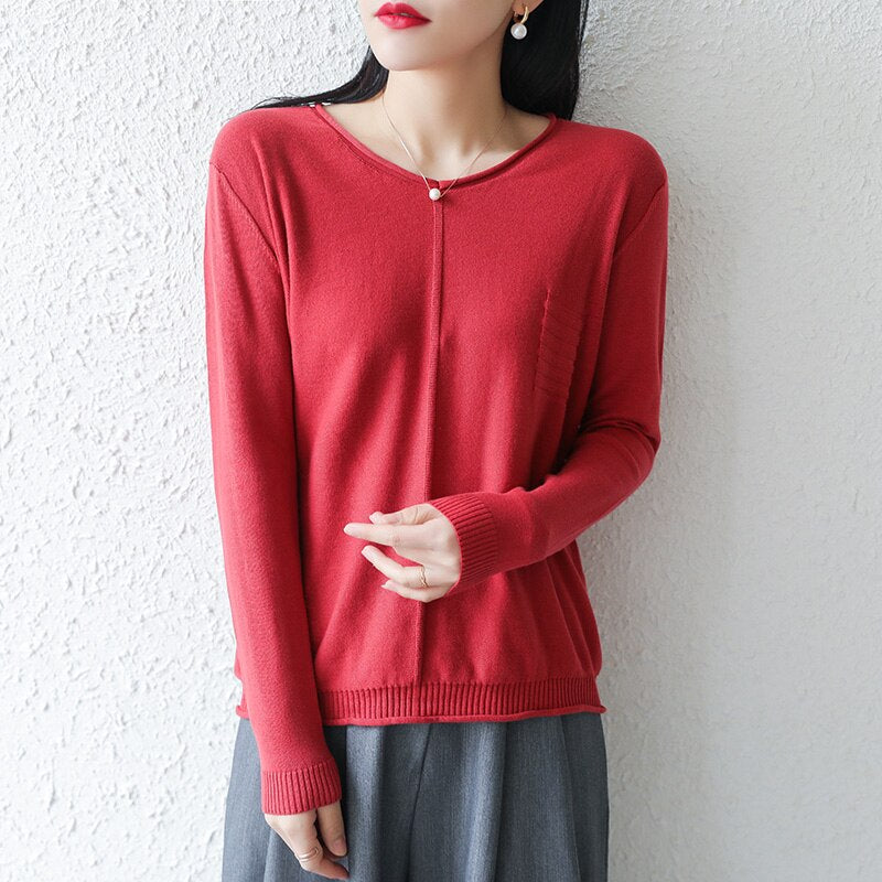 LITVRIYH New Women Sweater 100% Cotton Knitted Sweater Women Pullover V-Neck Long Sleeve Female Pullover Pull Femme Jumper Tops
