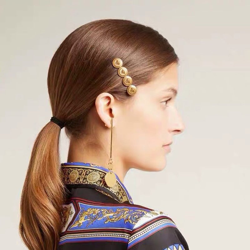 New Fashion Medusa Portrait Punk Golden Coin Hair Clips for Women Wholesale Hair Accessories Elegant Hairpins Barrettes Tiara