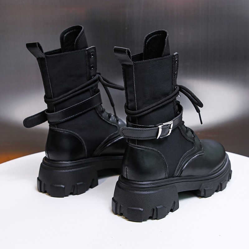 Women Combat Boots 2020 Autumn Female Platform Gothic Shoes Black Leather Boots Women Fashion Mid Calf Boots