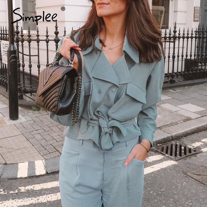 Simplee casual solid autumn winter jackets women Long sleeve notched outwear female coat Streetwear oversize ladies belt coats