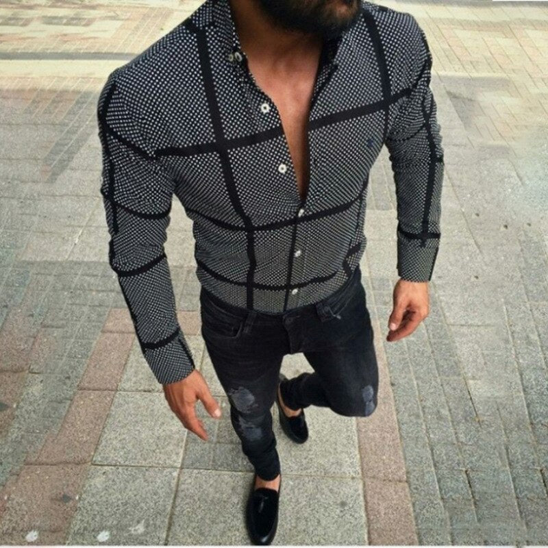 Men Slim Black Grid Shirts Autumn Long Sleeve Casual Fitness Shirts Tops Homme Men Shirt Formal Blouses Jogging Party Men