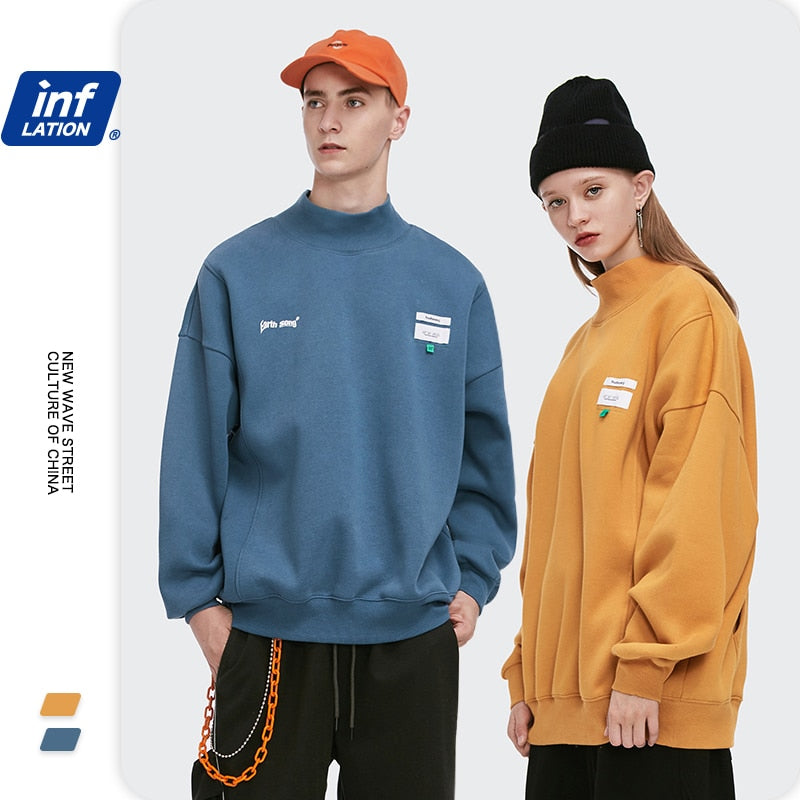 INFLATION Men Thick Fleece Sweatshir Streetwear толстовка 2020 Winter Letter Printing High Collar Loose Sweatshirt Men 1345W