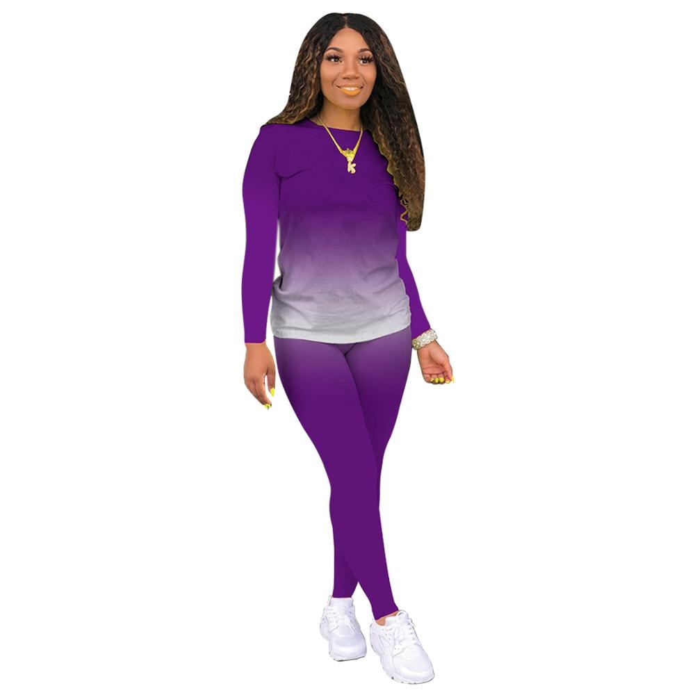 Wjustforu deux pièces ensemble femmes mode dégradé imprimé moulante survêtement à manches longues haut + motard Joggers pantalon tenues femme
