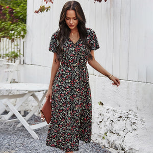 2021 Green Floral Print Ruffles Summer Dress Women Casual V-neck Button Sashes Dress Ladies Holiday Beach Sundresses Vestidos