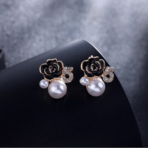 Fashion Full Rhinestone Letter Earrings Flower Pearl Party Earring For Woman Gift