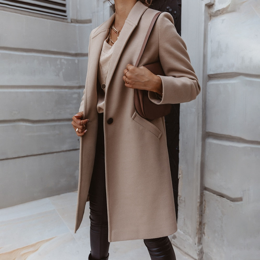 Autumn and Winter Three-Quarter Sleeve Vintage long coat women 2020 Elegant V-Neck Button Lapel Pocket Woolen Coat Women's