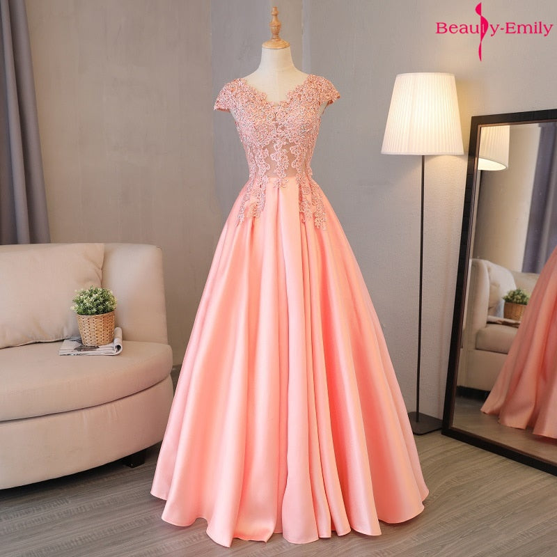 Beauty Emily Gorgeous 2020 Long Lace Appliques Pink Evening Dresses V Neck Sleeveless Pleated Prom Gown For Ceremony Party Dress
