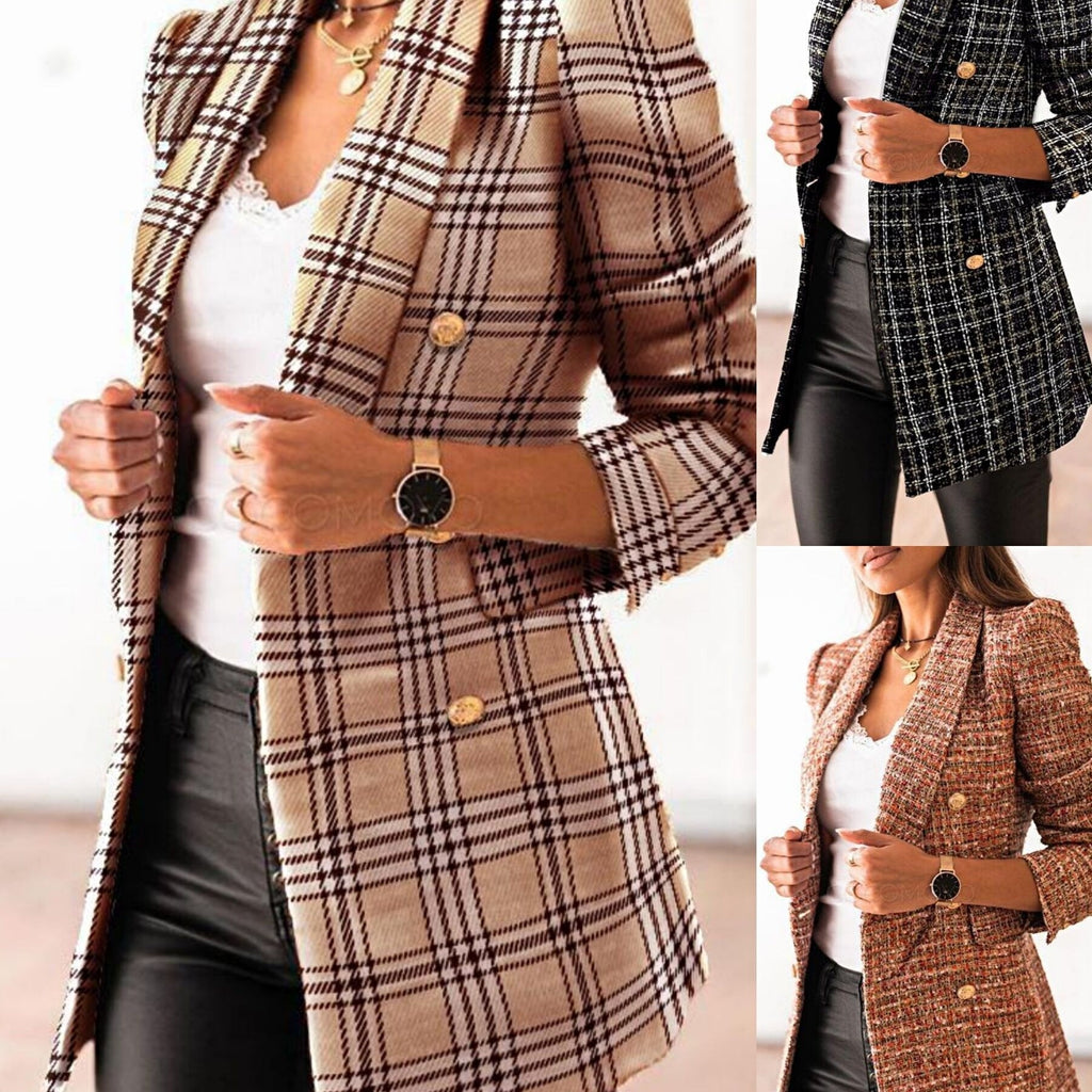 Autumn Spring new double-breasted vintage plus size zaraing-style za women 2020 sheining vadiming female plaid blazer jacket