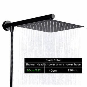 Rozin Black Ultrathin Rainfall Shower Head Wall Mounted Shower Arm Bracket Bar 150cm Shower Hose Bathroom Faucet Set