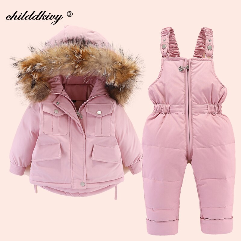 2 pièces ensemble bébé fille hiver doudoune et combinaison pour enfants épaissir chaud fourrure col veste pour filles infantile snowsuit 0-4Year