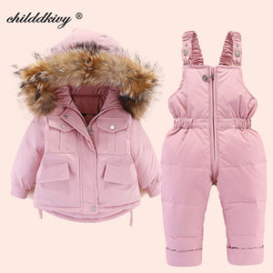 2 pièces ensemble bébé fille hiver doudoune et combinaison pour enfants épaissir chaud fourrure col veste pour filles infantile snowsuit 0-4Year