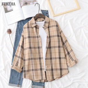Plaid Shirts Womens Blouses Long Sleeve Lady Checked Tops Loose Female Outwear Casual Clothes Spring Autumn News
