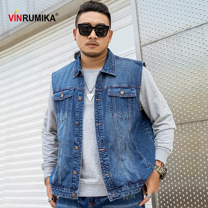 Big Size 2020 Men Kpop Fashion Casual Style Autumn Spring Cowboy Black Vest Jacket Man Denim Blue Cotton Vests Coats 5XL 6XL 7XL