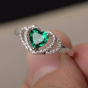 New Green Zircon Heart Ring Romantic Crystal Double Hearts Silver Finger Rings For Women Wedding Engagement Jewelry Bague Gifts