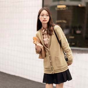 INMAN 2020 Autumn Winter New Arrival Deep V-stripe Rib Pocket Long Sleeve Knit literature Cardigan Sweater