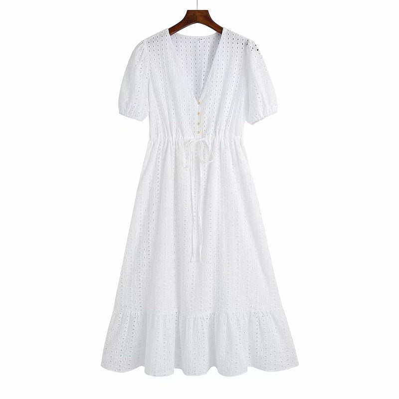 Women Summer ZA White V-Neck Dress 3/4 Sleeve Buttons Bow Tie Slim Casual Female Elegant Party A-Line Dresses Clothes Vestidos