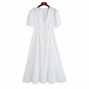 Women Summer ZA White V-Neck Dress 3/4 Sleeve Buttons Bow Tie Slim Casual Female Elegant Party A-Line Dresses Clothes Vestidos