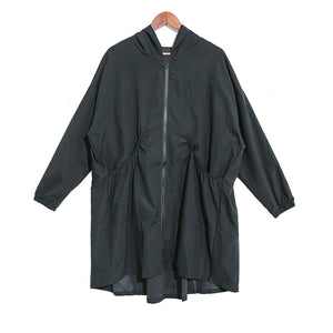 Johnature 2020 Autumn New Thin Casual Long Irregular Trench Women Fashion Loose Hooded Collar Zippers Pockets Female Coats (Black One Size)