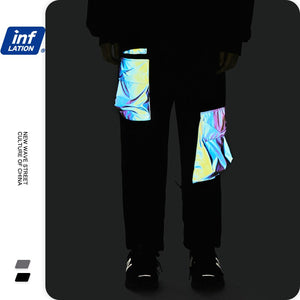 INFLATIONLaser Reflective Patched Hip Hop Tracksuit Men Streetwear High Collar Sweatshirt And Sweatpant Set Men Two Piece Outfit