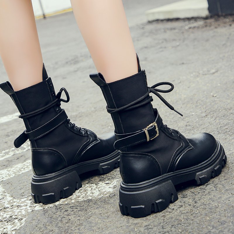 Women Combat Boots 2020 Autumn Female Platform Gothic Shoes Black Leather Boots Women Fashion Mid Calf Boots