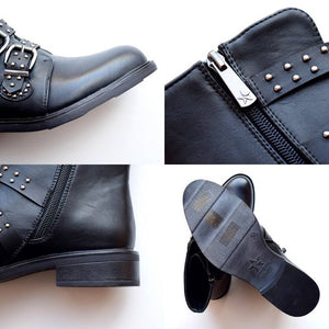 Leather Women Ankle Boots Autumn Rivet Buckle Short Boots For Ladies Flat Fashion Woman Black Winter Punk Motocycle Shoes 2020