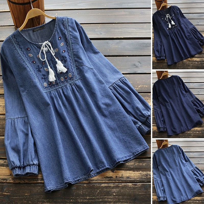 Elegant Denim Blue Shirts Womens Embroidery Blouse 2021 ZANZEA Tassel Puff Sleeve Blusas Female Casual Floral Tops Plus Size