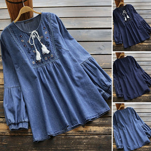 Elegant Denim Blue Shirts Womens Embroidery Blouse 2021 ZANZEA Tassel Puff Sleeve Blusas Female Casual Floral Tops Plus Size