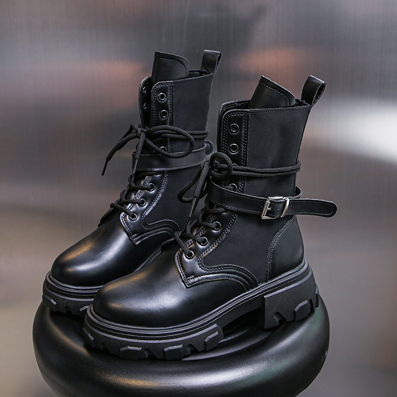 Women Combat Boots 2020 Autumn Female Platform Gothic Shoes Black Leather Boots Women Fashion Mid Calf Boots