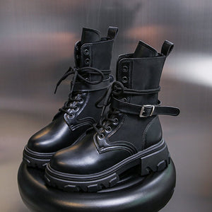 Women Combat Boots 2020 Autumn Female Platform Gothic Shoes Black Leather Boots Women Fashion Mid Calf Boots