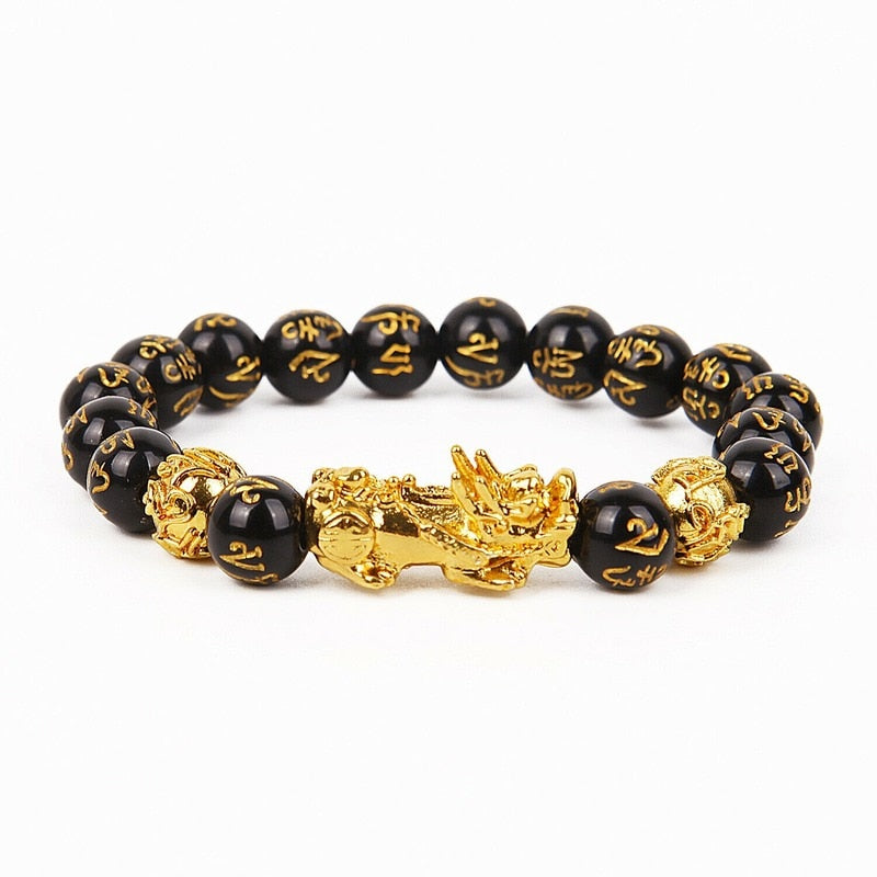 Feng Shui Black Beads Alloy Wealth Bracelet Unisex Wristband Gold Black Pixiu Wealth and Good Luck Women Men Bracelet
