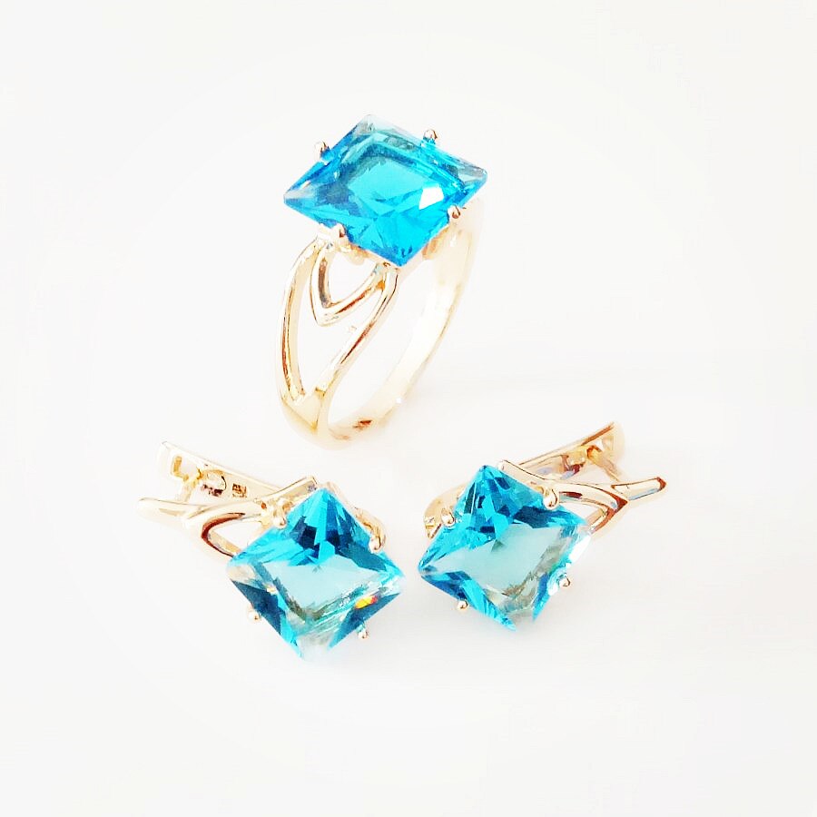 Women Jewelry Sets 585 Rose Gold Color Women Jewelry Romantic Bridal Jewelry Sets Light Blue Wedding Ring +Earring Jewelry Sets