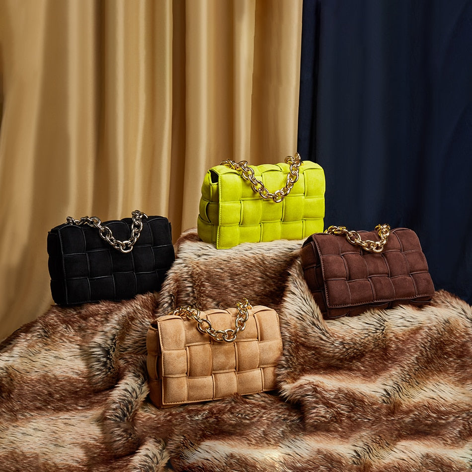 Thick Metal Chain Frosted Suede Shoulder Bag Women New Designer Woven Soft Square Crossbody Bags Female Chic Purse High Quality