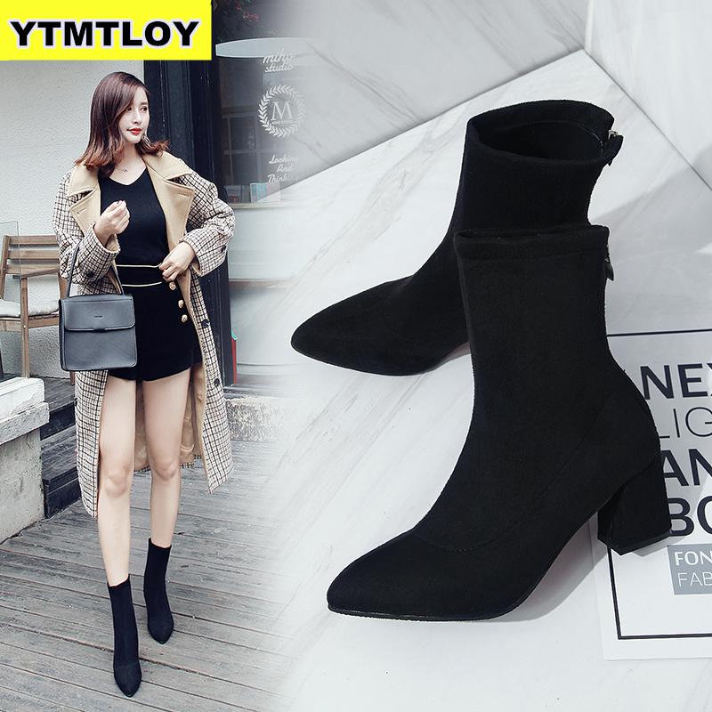 Fashion Women Ankle Boots Thick Heels Shoes Female Newest Pointed Toe Ladies Shoe Brand 2020 Boot Woman Zipper Super High