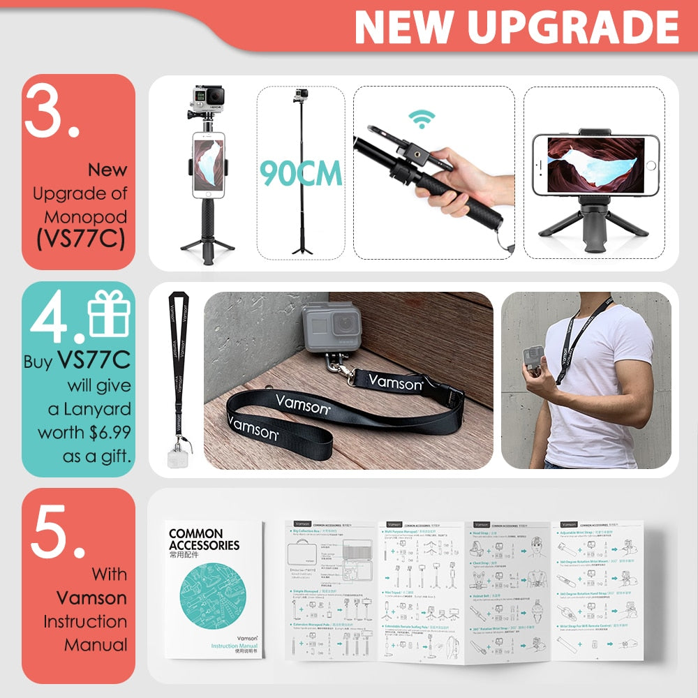 Vamson for Gopro Accessories Set for go pro hero 8 7 6 5 4 kit 3 way selfie stick for Eken h8r / for xiaomi for yi EVA case VS77