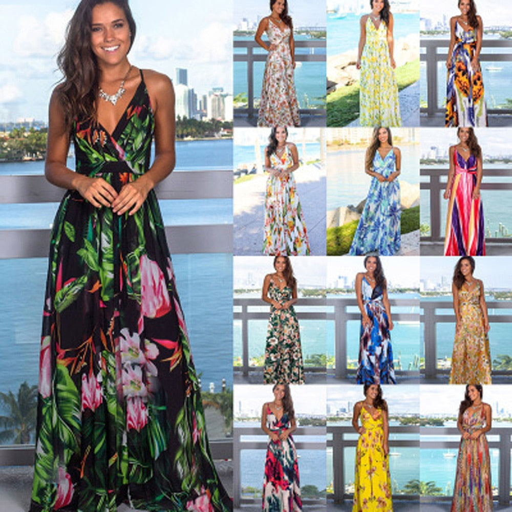 Floral Maxi Dresses for Women Summer 2021 Green V Neck Sleeveless Casual Halter Sundresses Women Party Beach Sexy Dress