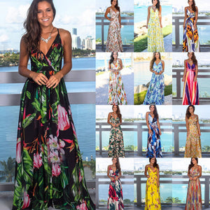 Floral Maxi Dresses for Women Summer 2021 Green V Neck Sleeveless Casual Halter Sundresses Women Party Beach Sexy Dress