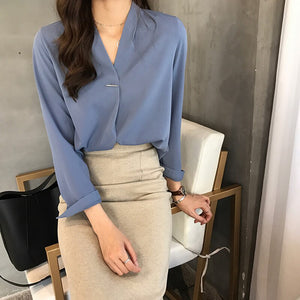 4XL Plus Size Women Chiffon Blouse Shirt Elegant V-Neck Long Sleeve Solid Casual Blouses 2020 Ladies Korean Office Tops