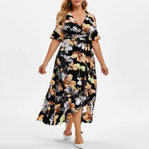 2021 Fashion Summer Beach Dress Women V Neck Short Sleeve Floral Print Ruffles Boho Dress Plus Size Maxi Long Dresses