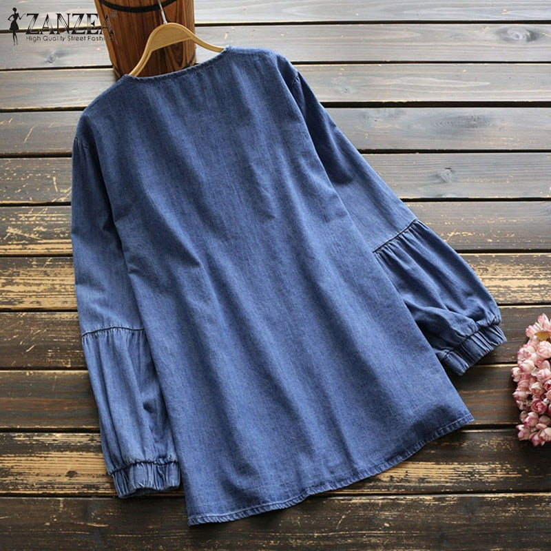 Elegant Denim Blue Shirts Womens Embroidery Blouse 2021 ZANZEA Tassel Puff Sleeve Blusas Female Casual Floral Tops Plus Size