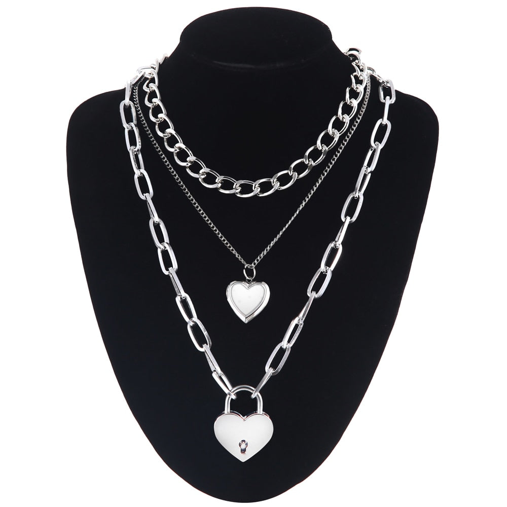 Double layer Lock Chain necklace grunge punk 90s link chain silver color padlock pendant necklace women aesthetic egirl jewelry