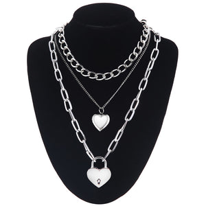 Double layer Lock Chain necklace grunge punk 90s link chain silver color padlock pendant necklace women aesthetic egirl jewelry